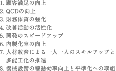 1. 顧客満足の向上／2. QCDの向上／3. 財務体質の強化／4. 改善活動の活性化／5. 開発のスピードアップ／6. 内製化率の向上／7. 人材教育による一人一人のスキルアップと   多能工化の推進／8. 機械設備の稼動効率向上と平準化への取組